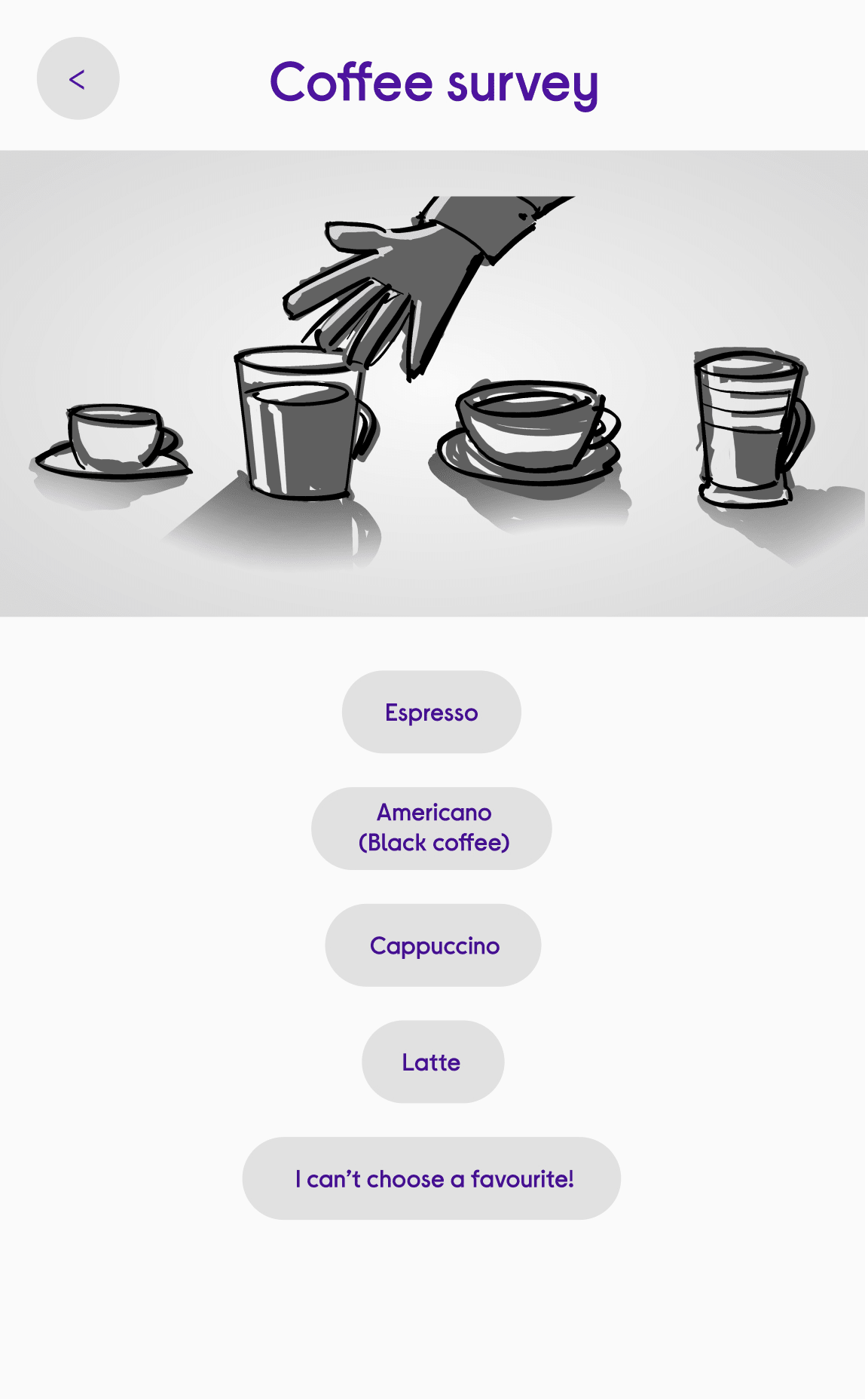Cartoon of various coffee items like espresso, americano etc on mobile layout